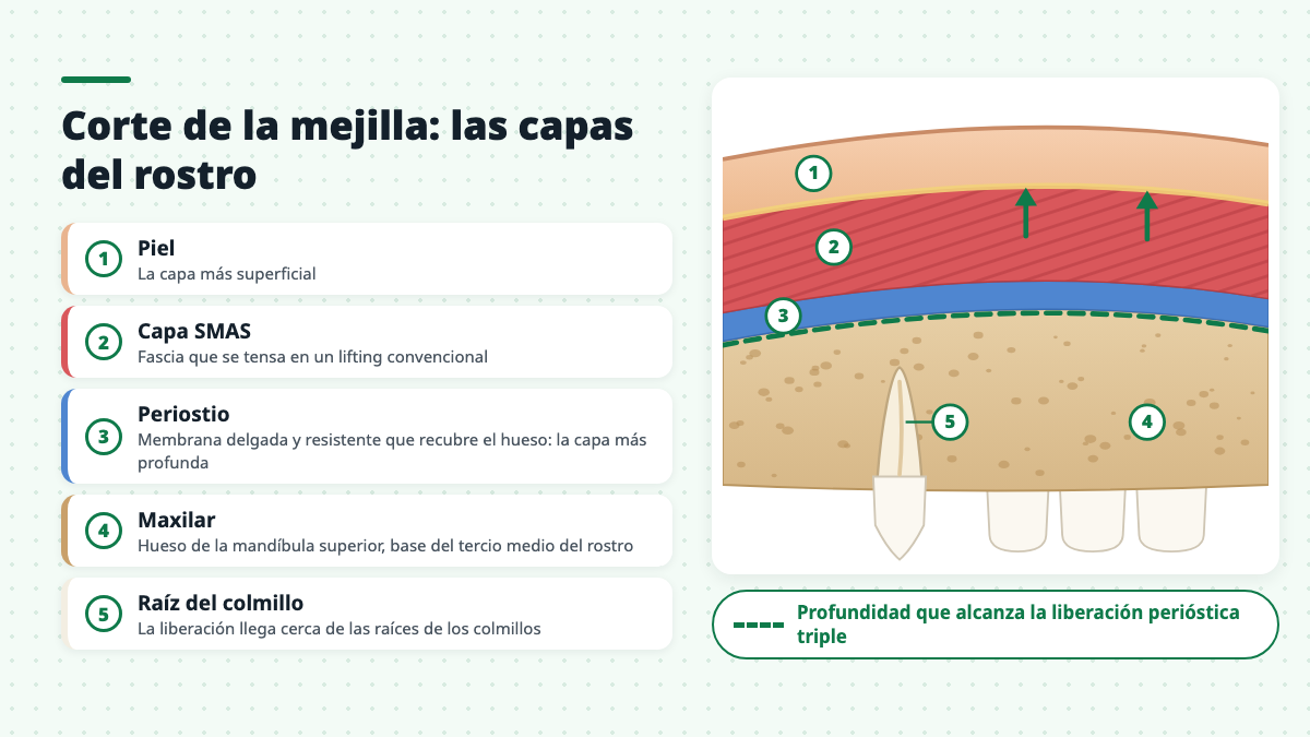 Corte de la mejilla con la piel, la capa SMAS, el periostio, el maxilar y la raíz del colmillo